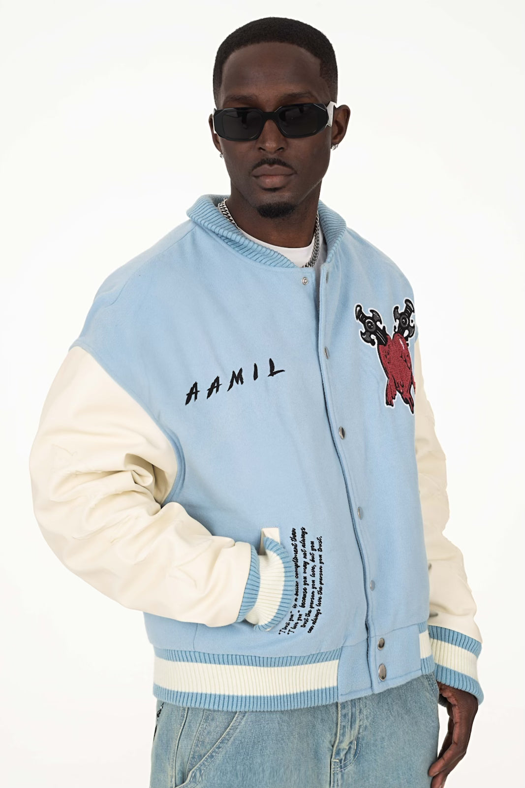 TRUST OVER LOVE VARSITY JACKET - Vintage Blue