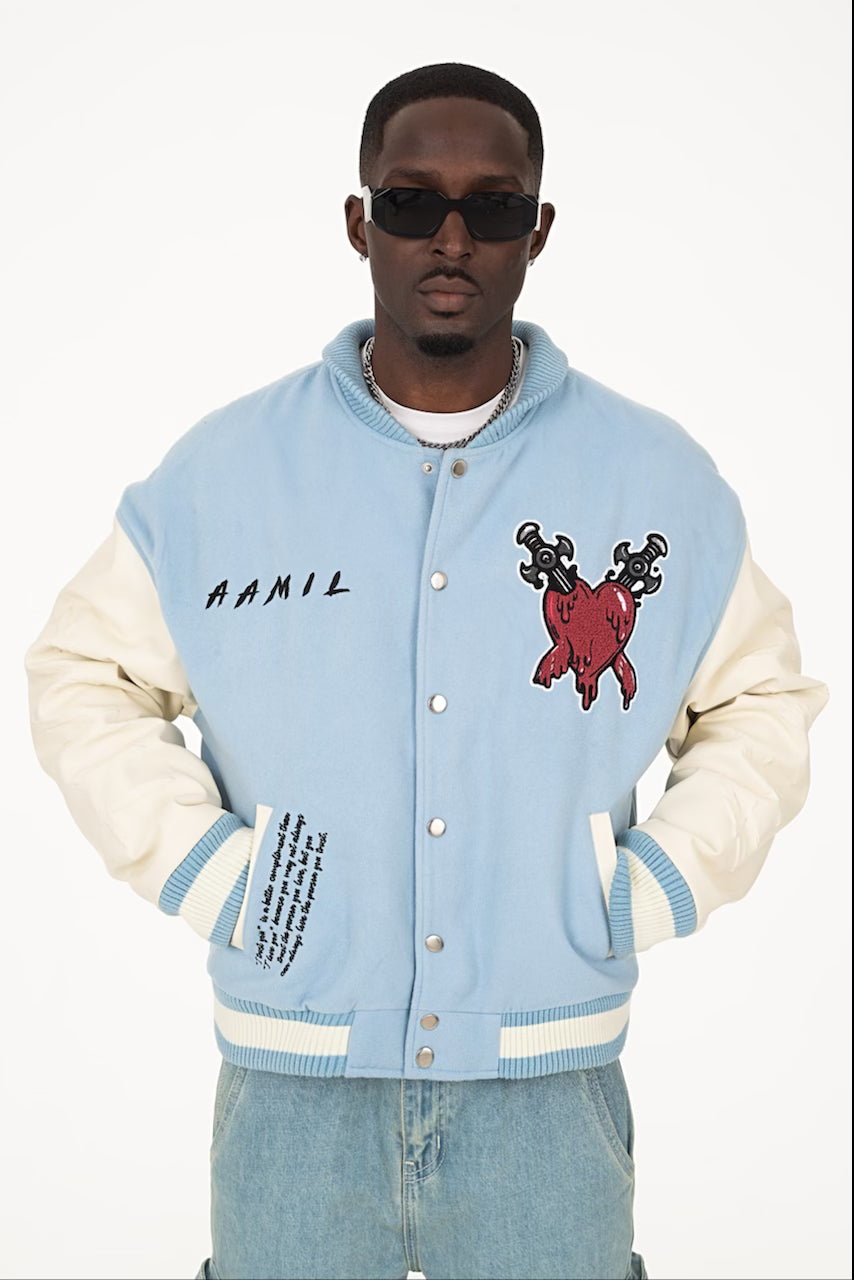TRUST OVER LOVE VARSITY JACKET - Vintage Blue