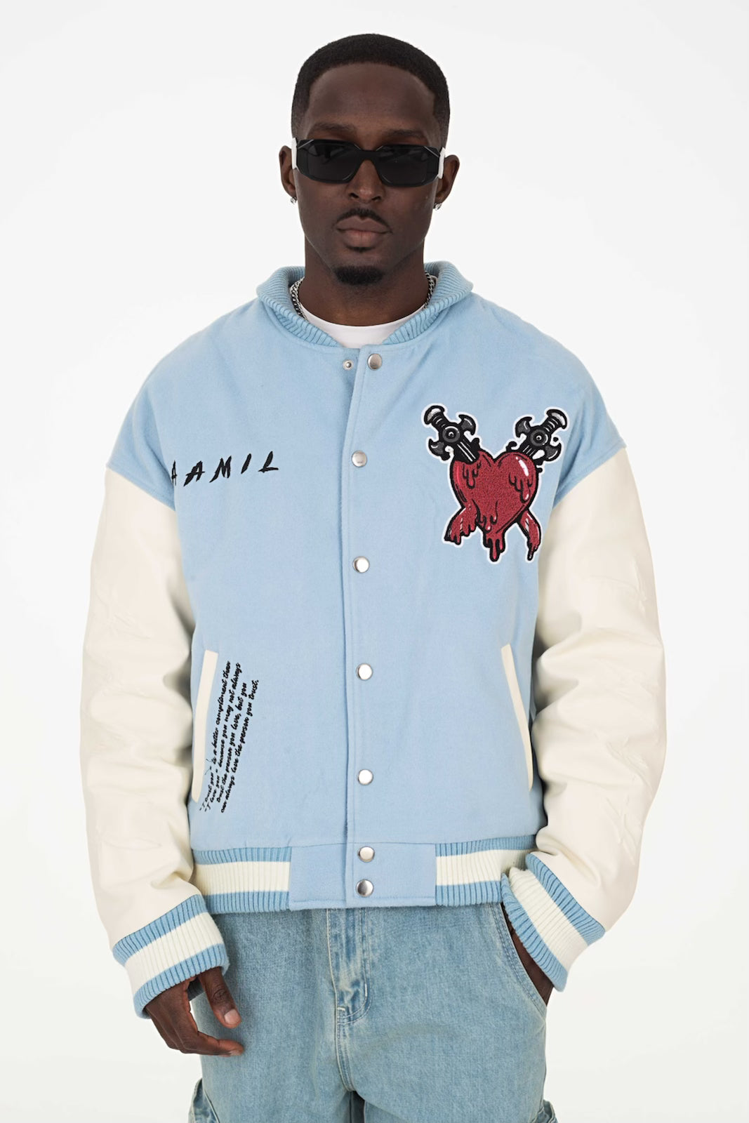 TRUST OVER LOVE VARSITY JACKET - Vintage Blue