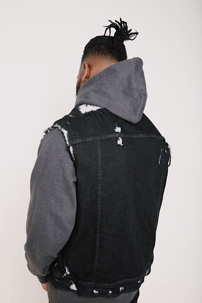 Black denim vest with hood best sale