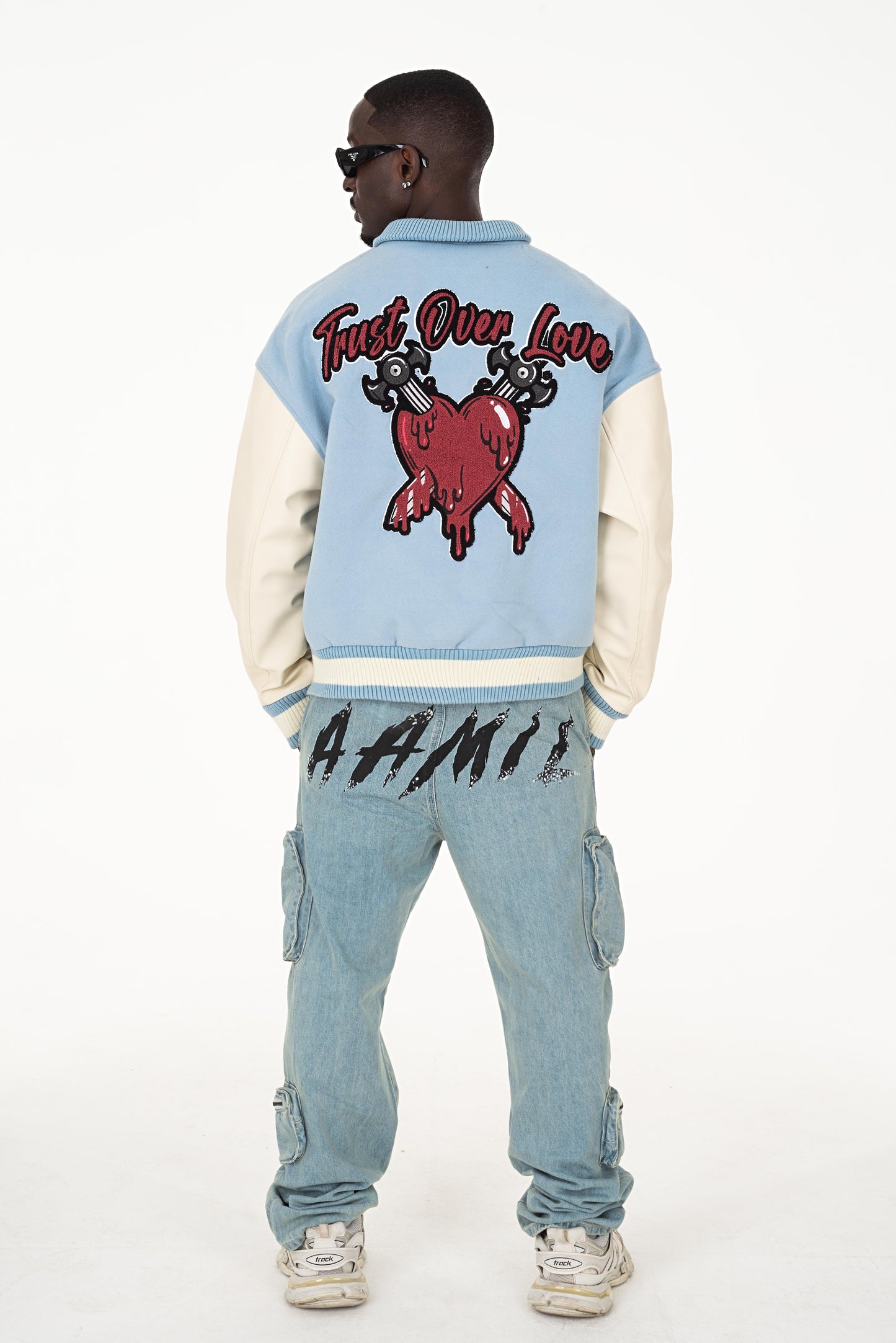 TRUST OVER LOVE VARSITY JACKET - Vintage Blue