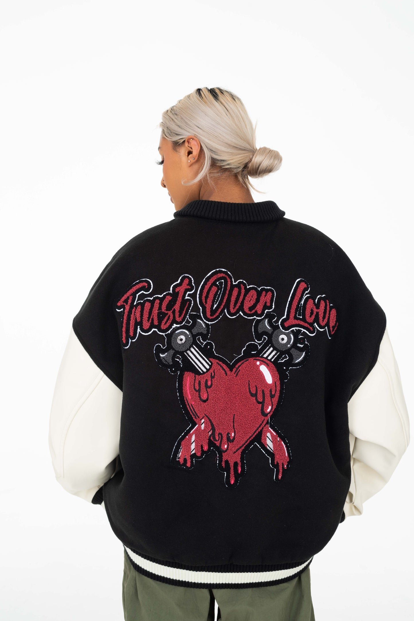 TRUST OVER LOVE VARSITY JACKET - Jet Black