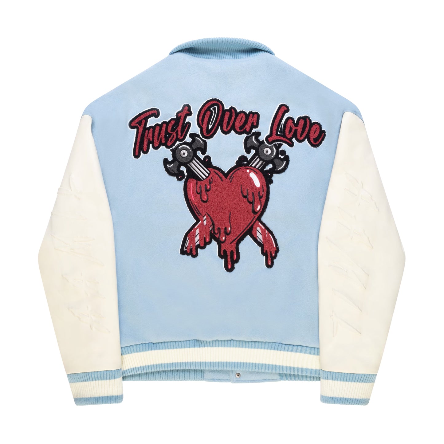 TRUST OVER LOVE VARSITY JACKET - Vintage Blue