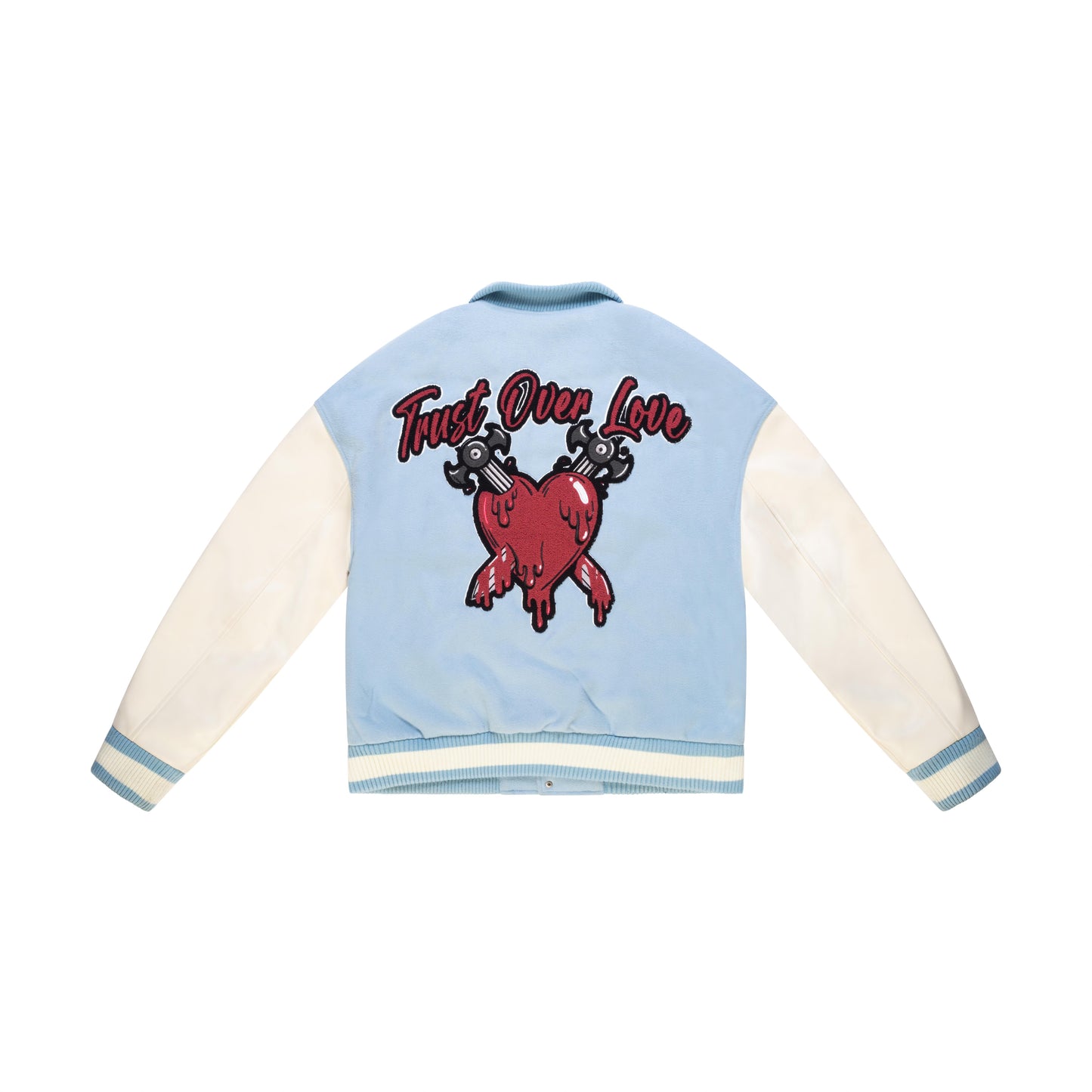 TRUST OVER LOVE VARSITY JACKET - Vintage Blue